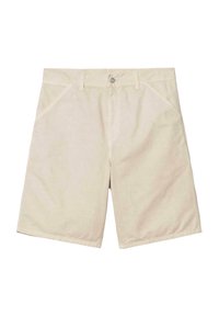 Pantalones cortos de algodón beige con una cinturilla cosida, bolsillos frontales y cierre de cremallera. Presentan líneas limpias y un ajuste holgado.