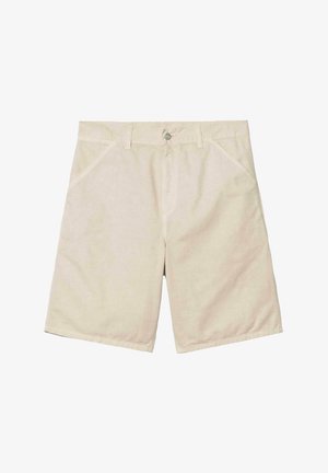 Pantalones cortos de algodón beige con una cinturilla cosida, bolsillos frontales y cierre de cremallera. Presentan líneas limpias y un ajuste holgado.