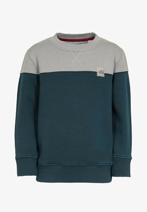 Crewneck sweatshirt med en lys grå øverste del og en mørk teal nederste del. Blended stof af bomuld, ribbede ærmer og bund, logo-patch accent.