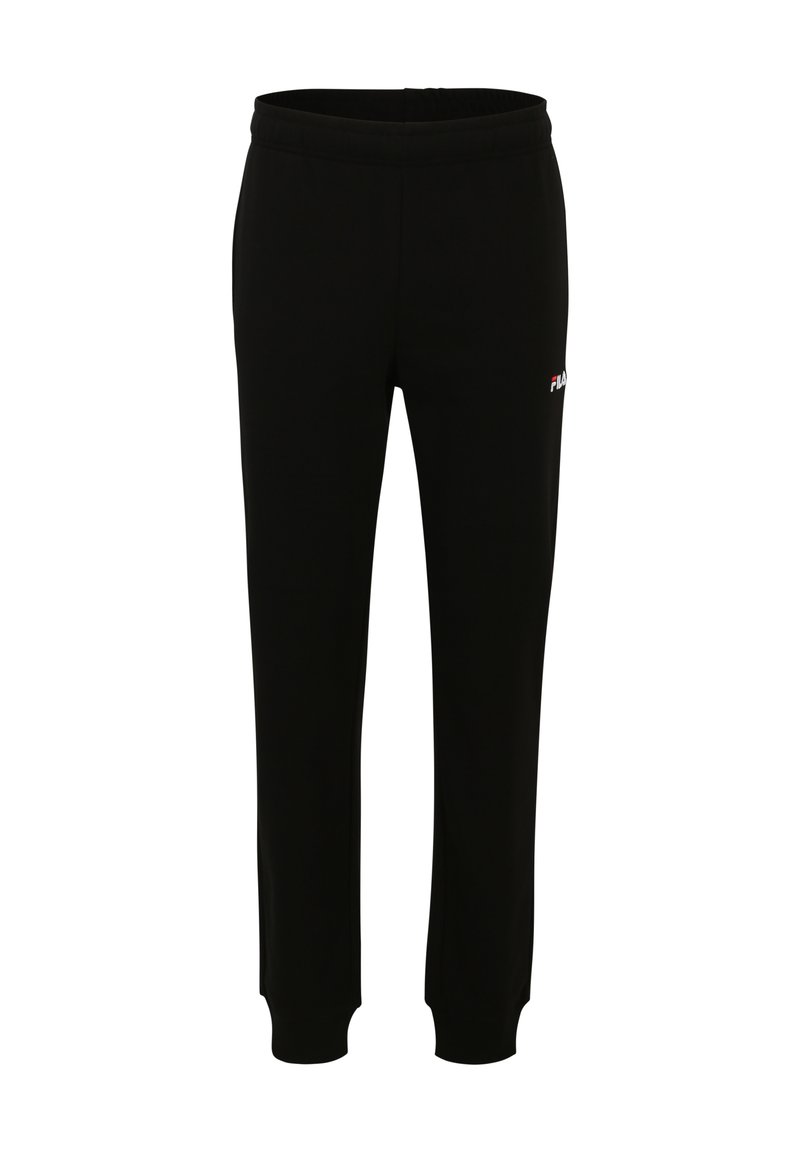Pantalones de chándal negros hechos de una tela suave, con una cintura elástica, piernas ajustadas y un pequeño logo blanco en el costado.