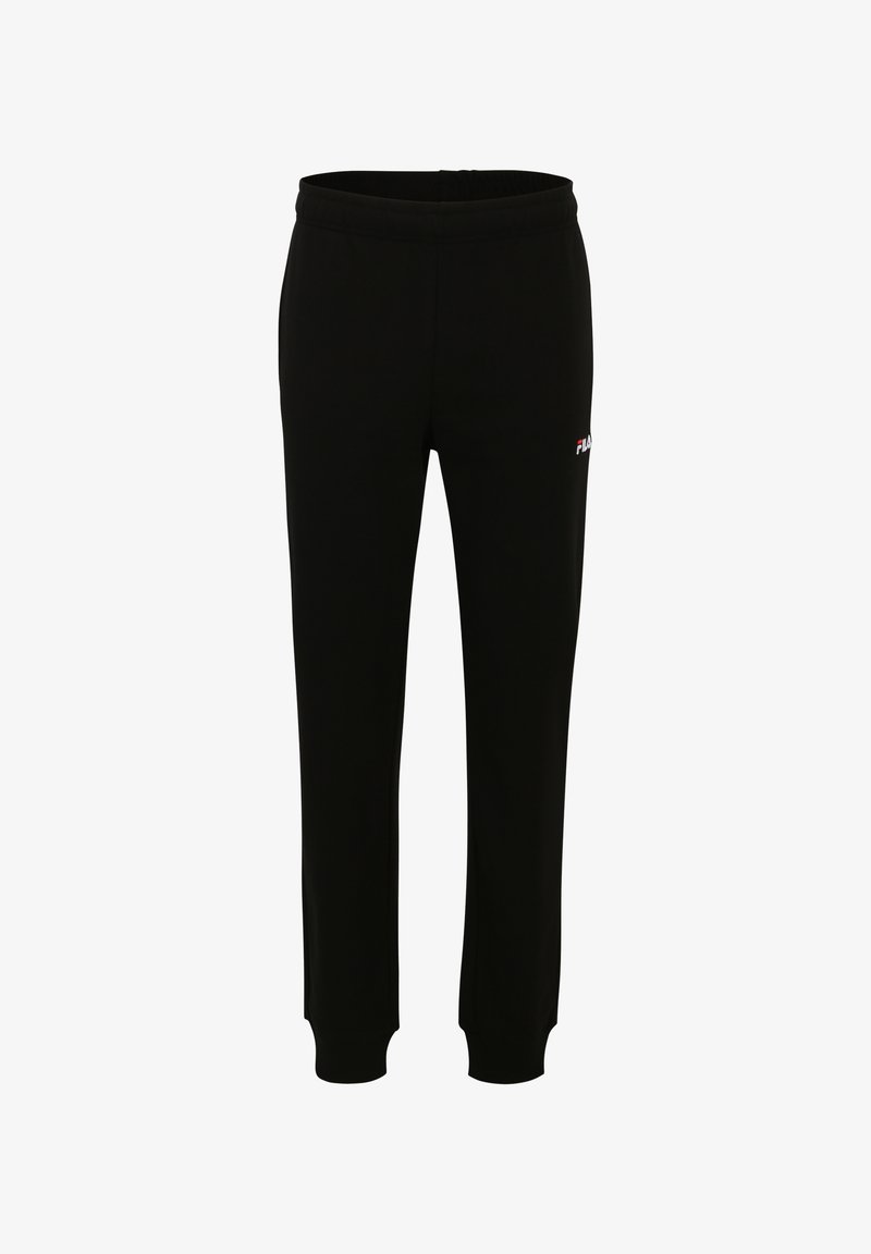 Zwarte sweatpants gemaakt van zachte stof, met een elastische tailleband, taps toelopende benen en een klein wit logo aan de zijkant.