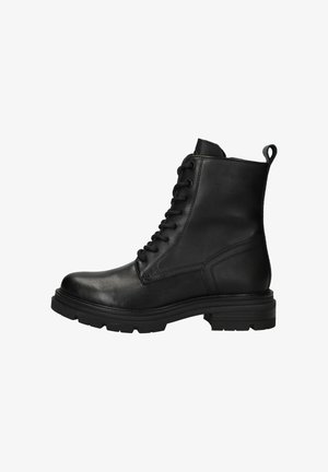 Zwarte leren veterschoenen tot de enkel met een ronde neus, robuole zool en een trekband aan de achterkant; voorzien van subtiele stiksels en een gladde textuur.