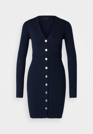 Navy ribbed cardigan dress with long sleeves, V-neck, and silver-tone buttons down the front. A fitted waist and textured fabric detail.