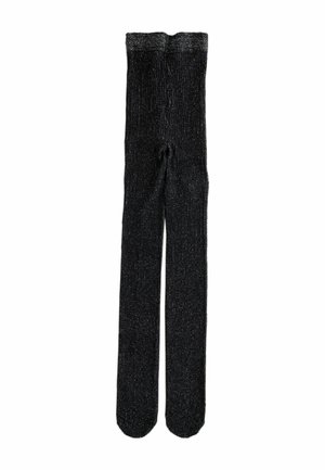 Sort ribstrikkede strømpebukser med en fin metallic glans, vist fladt med fodede ben og bred talje.