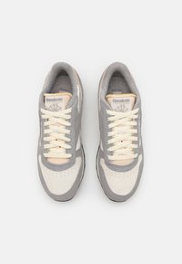 Ett par grå och off-white Reebok Classic sneakers med krämfärgade snören, fotograferat ovanifrån på en vit bakgrund.
