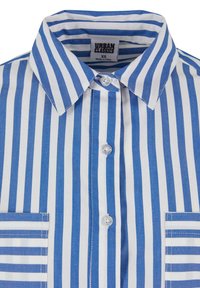 Camicia a righe blu e bianche con colletto classico, bottoni frontali e due tasche applicate, realizzata in tessuto di cotone. Taglia XS.