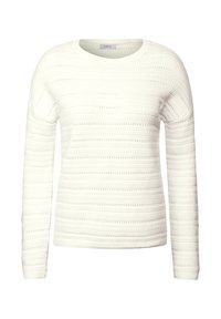 Pull blanc à manches longues avec un col rond, présentant des rayures horizontales texturées et de petits détails en tricot ajouré sur l'ensemble du tissu.