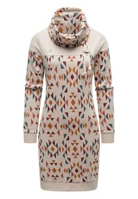 Mønstret sweatshirtkjole med cowl-neck, der har geometriske former i orange, rød, blå og tan på en lys baggrund. Fremstillet af blødt stof.