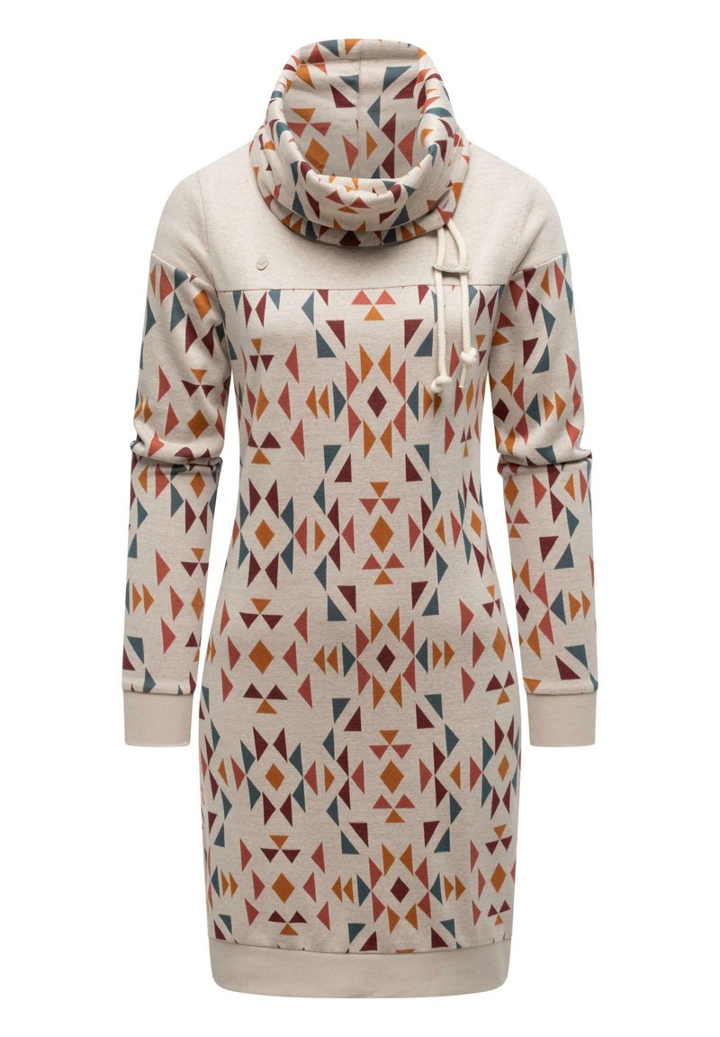 Mønstret sweatshirtkjole med cowl-neck, der har geometriske former i orange, rød, blå og tan på en lys baggrund. Fremstillet af blødt stof.