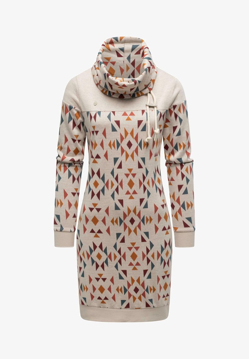 Mønstret sweatshirtkjole med cowl-neck, der har geometriske former i orange, rød, blå og tan på en lys baggrund. Fremstillet af blødt stof.