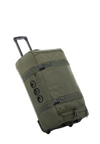 Borsa duffel verde oliva con ruote, dotata di due cinghie nere, scomparto con zip e tre loghi circolari sul lato. Manico robusto e ruote.
