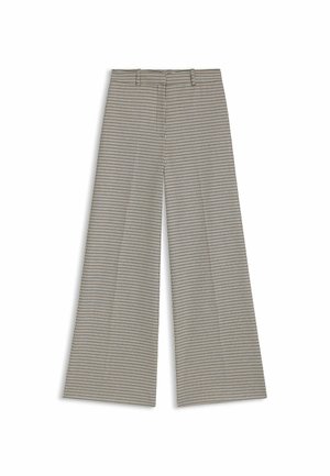 Wide-leg trousers in a black and white check pattern, featuring a smooth fabric with a tailored waistband and no visible hardware.