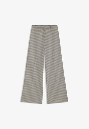 Pantalon à jambes larges avec un motif à carreaux noir et blanc, confectionné dans un tissu lisse avec une taille cintrée et sans quincaillerie visible.