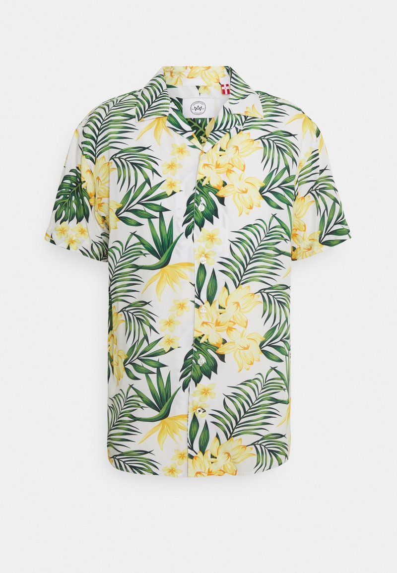 Lyhythihainen paita valkoisesta kankaasta, jossa on kirkas keltainen kukkakuosi ja vihreät lehdet, klassisella kauluksella ja nappikiinnityksellä edessä.