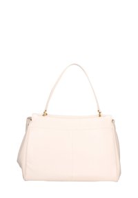 Borsa a mano in pelle beige morbido con forma strutturata, manico superiore singolo e dettagli in hardware color oro. Superficie testurizzata con cuciture visibili.