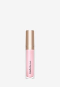 Lip gloss BareMinerals in un tubo trasparente con una tonalità rosa chiaro, caratterizzato da un tappo metallico dorato e un logo stampato sul lato.