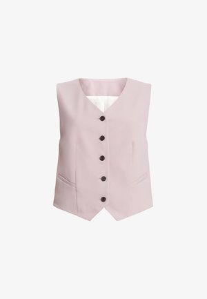 Gilet senza maniche di colore rosa realizzato in tessuto liscio, con scollatura a V, cinque bottoni neri e due tasche frontali.