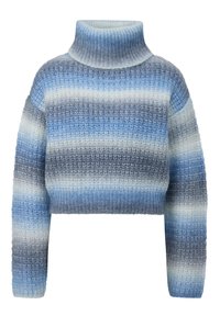 Gekürzter Pullover mit Stehkragen in Blau- und Grautönen, der ein strukturiertes, gestricktes Muster und weite Ärmel aufweist.
