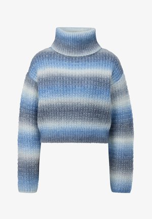 Pull cropped à col montant dans des tons de bleu et de gris, présentant un motif texturé en tricot et des manches larges.