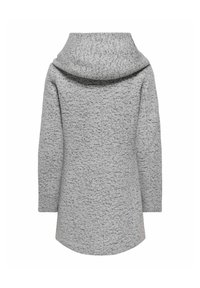 Manteau à capuche gris avec un extérieur texturé, présentant un large col et des manches longues, vu de dos.