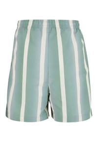Lyseblå shorts med vertikale hvite striper, laget av glatt stoff. Har elastisk midjebånd og en avslappet passform.
