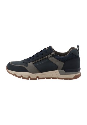 Baskets décontractées pour hommes en bleu marine et gris avec lacets et fermeture éclair latérale, semelle beige et col de talon rembourré.