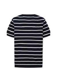 Marineblauer kurzärmliger Pullover mit horizontalen weißen Streifen, gerippter Textur, rundem Ausschnitt und geradem Schnitt am Saum.