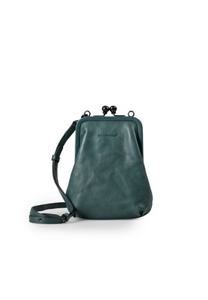 Borsa a tracolla in pelle color turchese con una struttura rigida, dotata di chiusura a gancio e tracolla removibile per un utilizzo crossbody. Texture liscia, branding minimale.