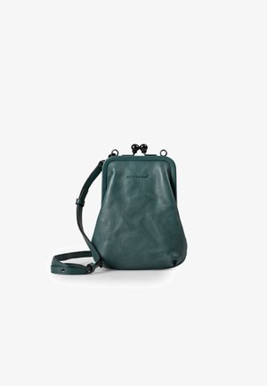 Teal leather handbag with a structured shape, featuring a clasp closure and a detachable strap for crossbody wear. Smooth texture, minimal branding.