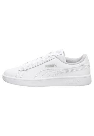 Low-top white Puma sneaker with lace-up closure, soft padded collar, and embossed Puma logo on the side and sole.