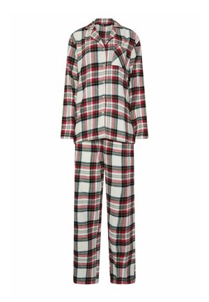Haut boutonné à manches longues à carreaux rouges, blancs, verts et noirs avec pantalon assorti dans un ensemble de pyjama confortable.