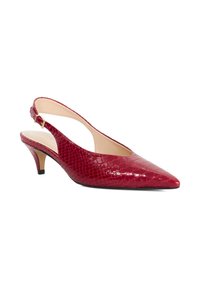 Red patent leather slingback heel with a pointed toe, textured reptile pattern, slim heel, and gold-tone buckle detail.