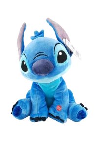 Blauw pluche speelgoed met grote oren en ogen, een ronde neus en gestikte details. Zacht materiaal met donkere pootaccenten. Licht knipogende uitdrukking.