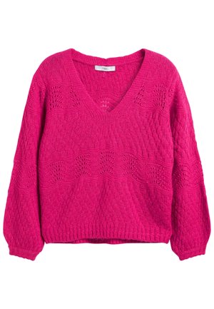 Jasnoróżowy dziergany sweter z dekoltem w serek, długimi rękawami i wzorzystymi, koronkowymi detalami na wysokości klatki piersiowej oraz mankietach.