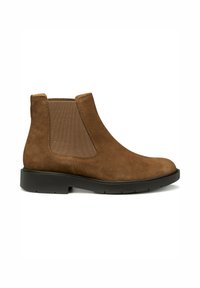 Bottines Chelsea en daim marron avec des panneaux latéraux en élastique, semelle en caoutchouc et bout rond. La texture supérieure est douce, avec des détails de couture renforcés.
