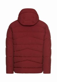 Rote Pufferjacke mit Kapuze, gestepptem Design mit horizontaler und diagonaler Naht sowie elastischen Manschetten. Auf der Rückansicht ist die gleichmäßig verteilte Polsterung zu sehen.