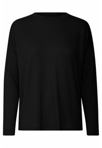 Schwarzes Langarmshirt mit geripptem Texture, runder Ausschnitt und lockerer Passform. Keine sichtbaren Hardware-Elemente oder Akzente. Einfaches und vielseitiges Design.