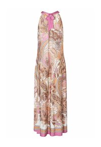 Lange rok met roze, oranje en bruine paisley-patronen, met een roze tailleband die in een strik is gebonden en een roze zoom.