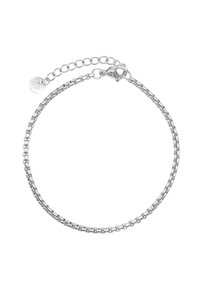 Bracciale in argento con maglie intrecciate, chiusura a moschettone e catena di estensione regolabile con un piccolo ciondolo.