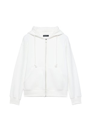 Felpa bianca con cappuccio e zip frontale, tasche anteriori e coulisse, mostrata su sfondo semplice.