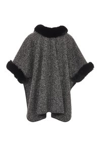 Poncho grigio intrecciato con colletto e polsini in pelliccia sintetica nera, caratterizzato da un design morbido e un orlo rotondo, che offre una copertura comoda.