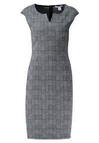 Robe ajustée à carreaux gris et blancs avec des manches courtes, décolleté en V et fermeture éclair au dos. Tissu structuré avec une texture lisse.
