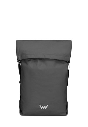 Gray backpack with a roll-top closure, made of durable fabric. Features a subtle logo on the front and a zippered side pocket.