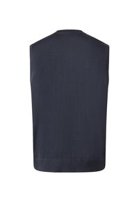 Marineblaues ärmelloses Strickweste mit geripptem Saum und Halsausschnitt, von hinten auf einem weißen Hintergrund gezeigt.