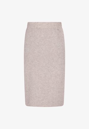 Beżowa spódnica z dzianiny, charakteryzująca się prążkowaną teksturą, dopasowanym krojem oraz elastycznym paskiem w talii dla komfortu. W stylu midi.