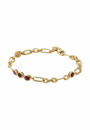 Pulsera delicada de cadena de oro con eslabones ovalados y redondos, con cinco pequeñas gemas rojo intenso asentadas a lo largo de un lado.