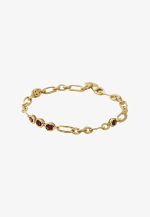 Pulsera delicada de cadena de oro con eslabones ovalados y redondos, con cinco pequeñas gemas rojo intenso asentadas a lo largo de un lado.