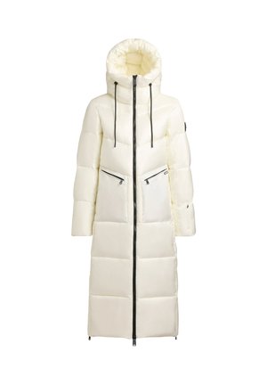 Parka lunga in crema con colletto alto, zip frontale e dettagli neri. Presenta due tasche con zip. Design imbottito per garantire calore.