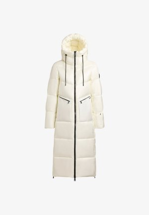 Długi puchowy płaszcz w kolorze kremowym z wysokim kołnierzem, przednim zamkiem i czarnymi akcentami. Posiada dwie kieszenie zapinane na zamek. Wyposażony w ocieplające wypełnienie dla zapewnienia ciepła.