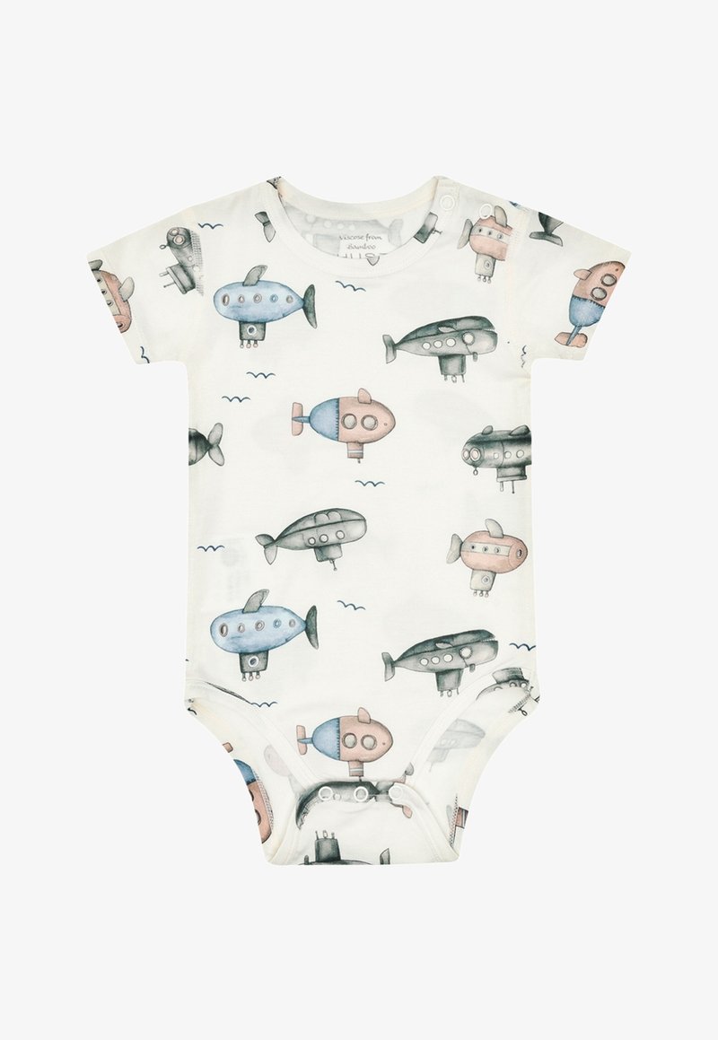 Body bébé blanc à manches courtes, avec un motif de sous-marins bleus, roses et gris accompagnés de petites vagues sur le tissu.
